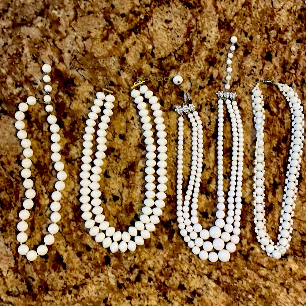 Lot of 4 vintage white choker beaded necklaces